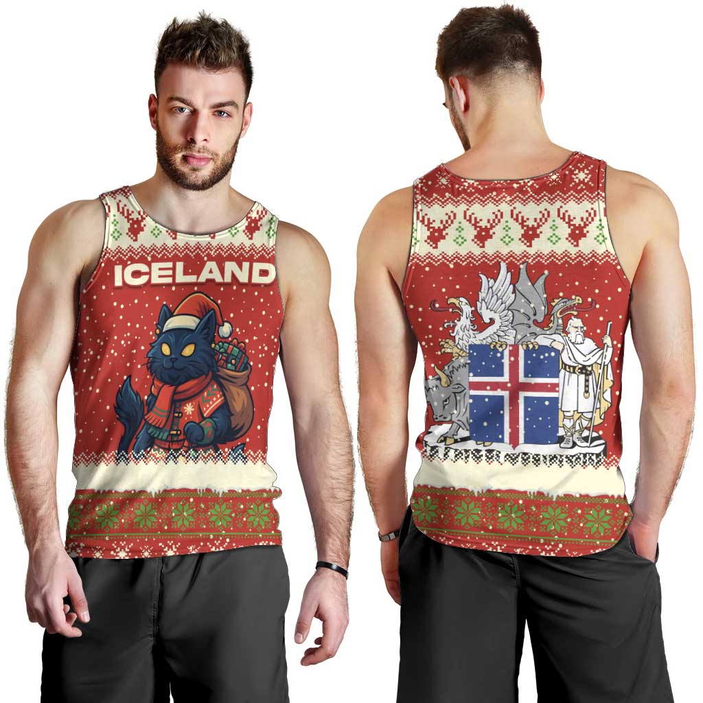 Iceland Christmas Men Tank Top with Red Snowflake Pattern Yule Cat and National Coat of Arms Motif - Wonder Print Shop