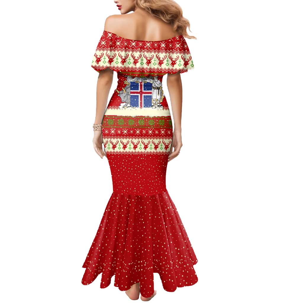 Iceland Christmas Mermaid Dress with Red Snowflake Pattern Yule Cat and National Coat of Arms Motif - Wonder Print Shop