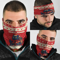 Iceland Christmas Neck Gaiter with Red Snowflake Pattern Yule Cat and National Coat of Arms Motif - Wonder Print Shop