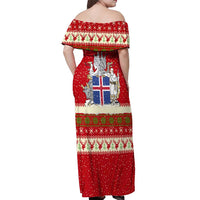 Iceland Christmas Off Shoulder Maxi Dress with Red Snowflake Pattern Yule Cat and National Coat of Arms Motif - Wonder Print Shop