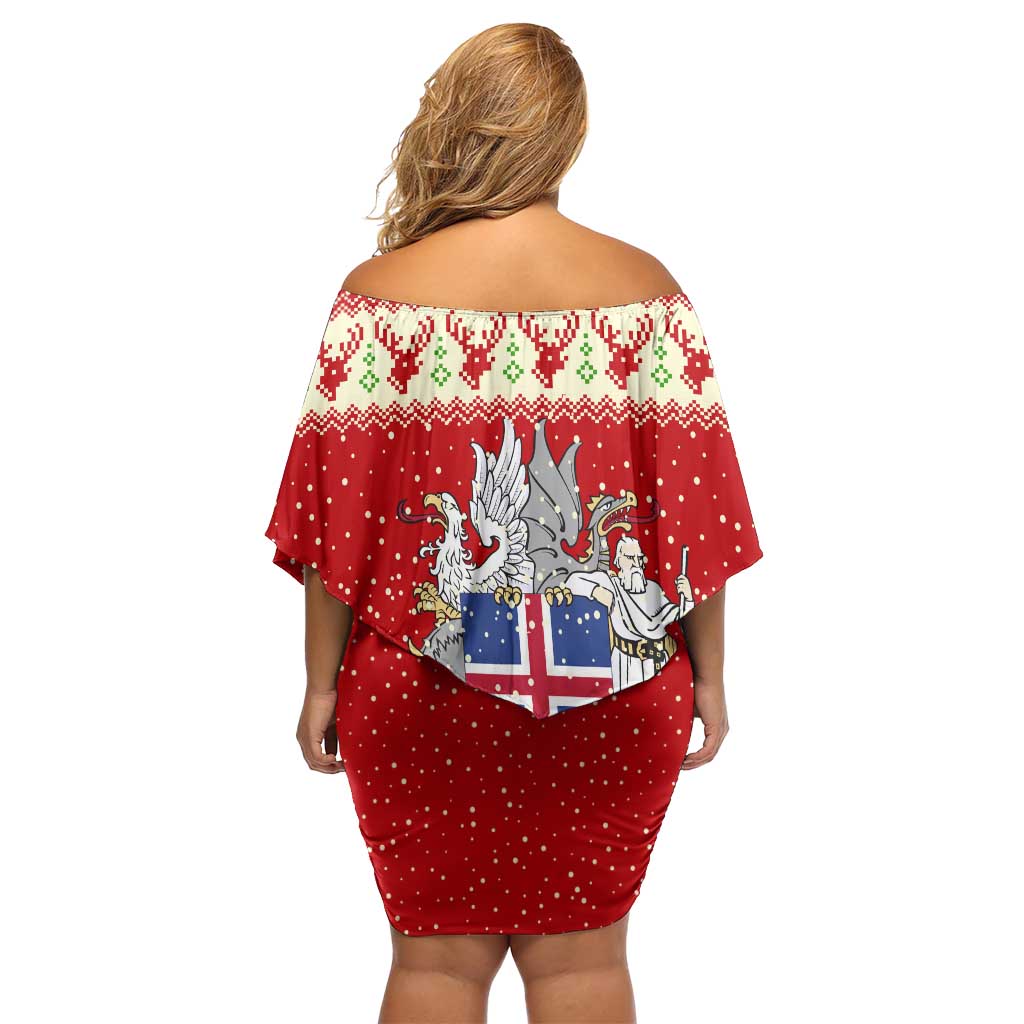 Iceland Christmas Off Shoulder Short Dress with Red Snowflake Pattern Yule Cat and National Coat of Arms Motif - Wonder Print Shop