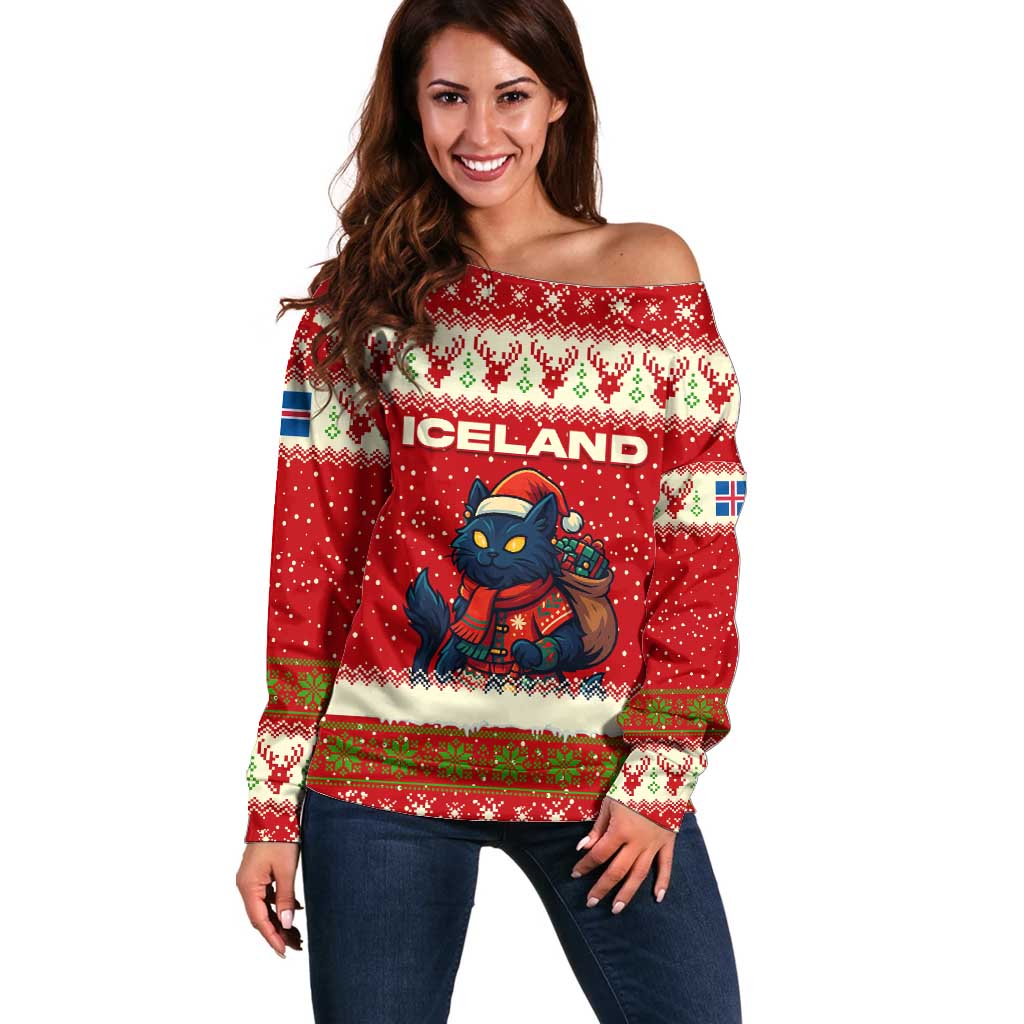 Iceland Christmas Off Shoulder Sweater with Red Snowflake Pattern Yule Cat and National Coat of Arms Motif - Wonder Print Shop