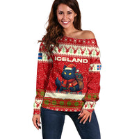 Iceland Christmas Off Shoulder Sweater with Red Snowflake Pattern Yule Cat and National Coat of Arms Motif - Wonder Print Shop