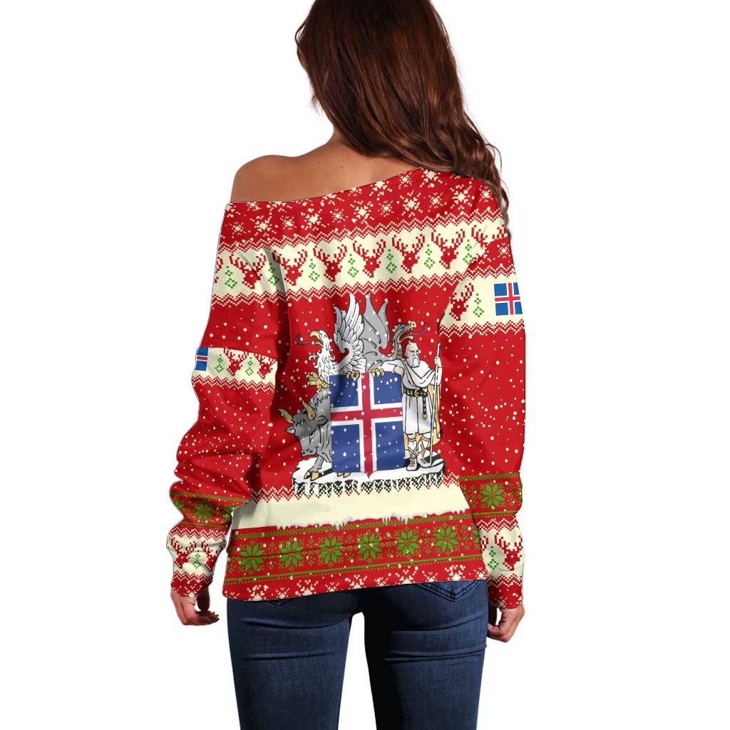 Iceland Christmas Off Shoulder Sweater with Red Snowflake Pattern Yule Cat and National Coat of Arms Motif - Wonder Print Shop