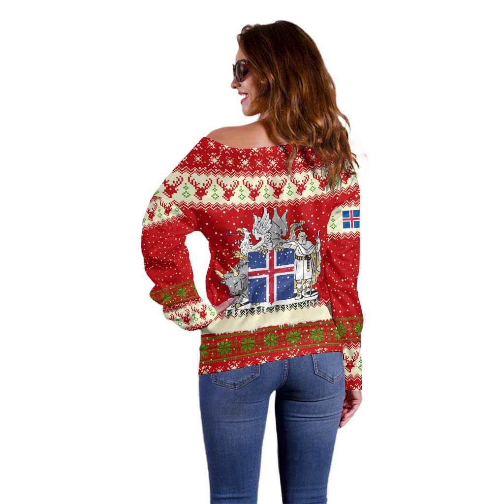 Iceland Christmas Off Shoulder Sweater with Red Snowflake Pattern Yule Cat and National Coat of Arms Motif - Wonder Print Shop