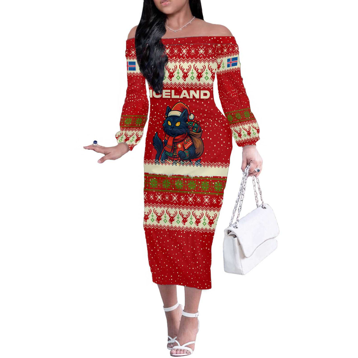 Iceland Christmas Off The Shoulder Long Sleeve Dress with Red Snowflake Pattern Yule Cat and National Coat of Arms Motif - Wonder Print Shop