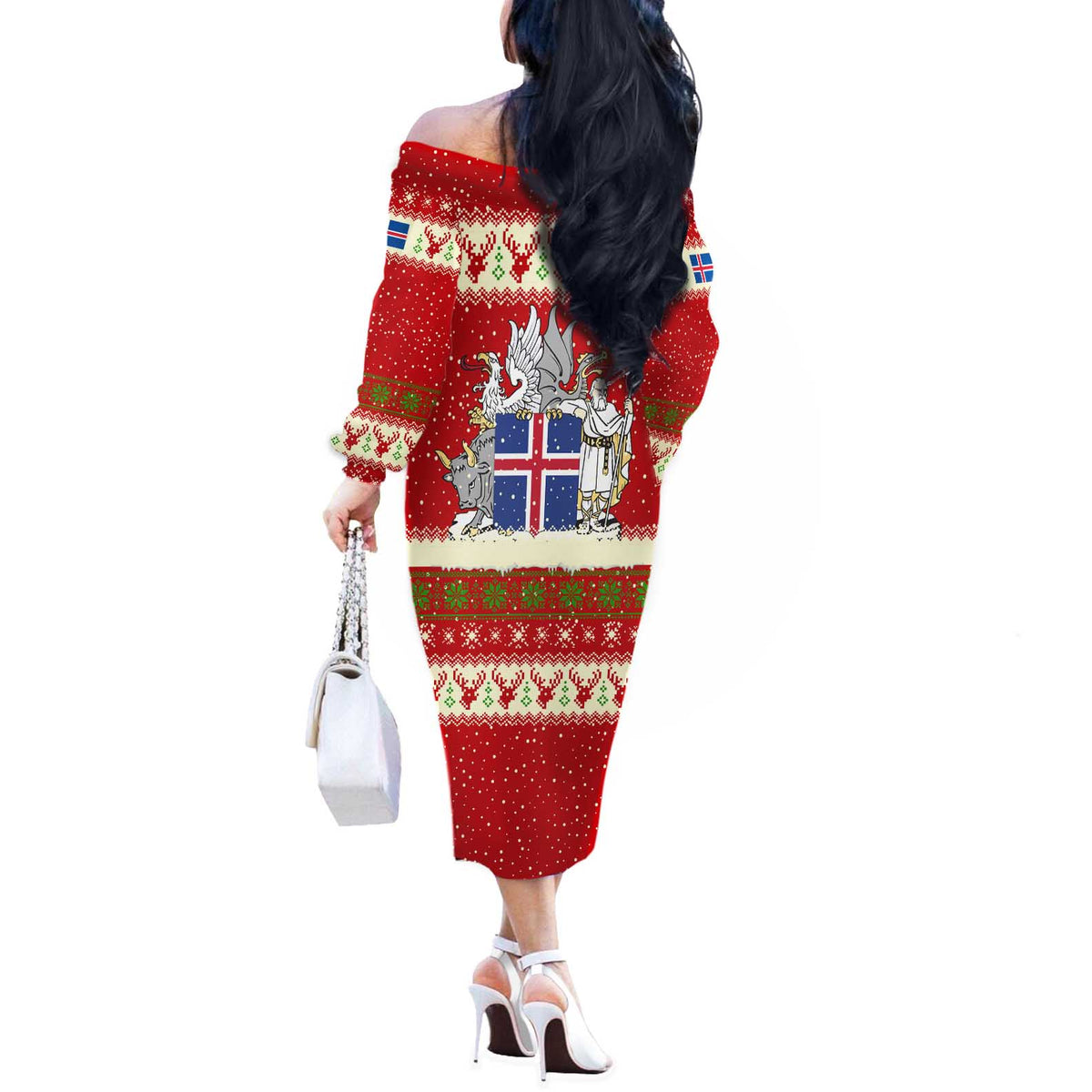 Iceland Christmas Off The Shoulder Long Sleeve Dress with Red Snowflake Pattern Yule Cat and National Coat of Arms Motif - Wonder Print Shop