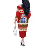 Iceland Christmas Off The Shoulder Long Sleeve Dress with Red Snowflake Pattern Yule Cat and National Coat of Arms Motif - Wonder Print Shop