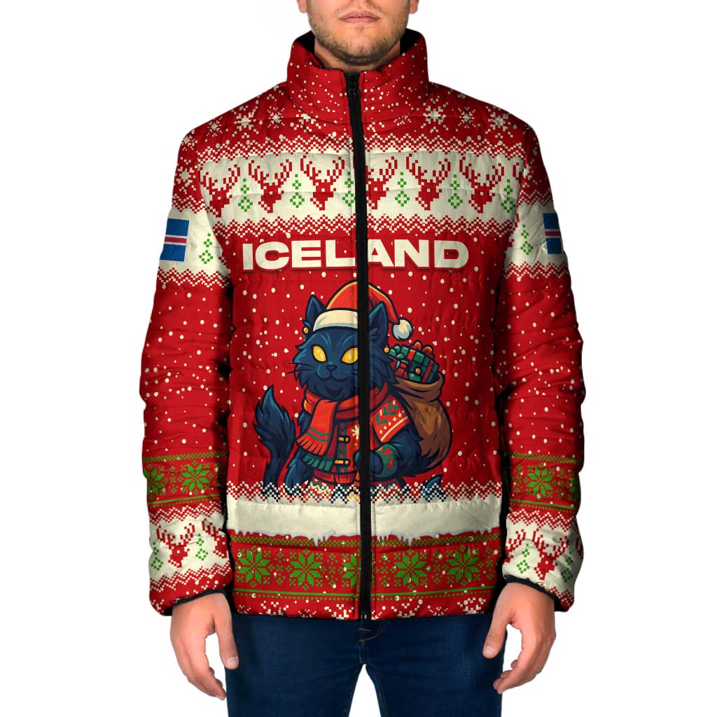 Iceland Christmas Padded Jacket with Red Snowflake Pattern Yule Cat and National Coat of Arms Motif - Wonder Print Shop