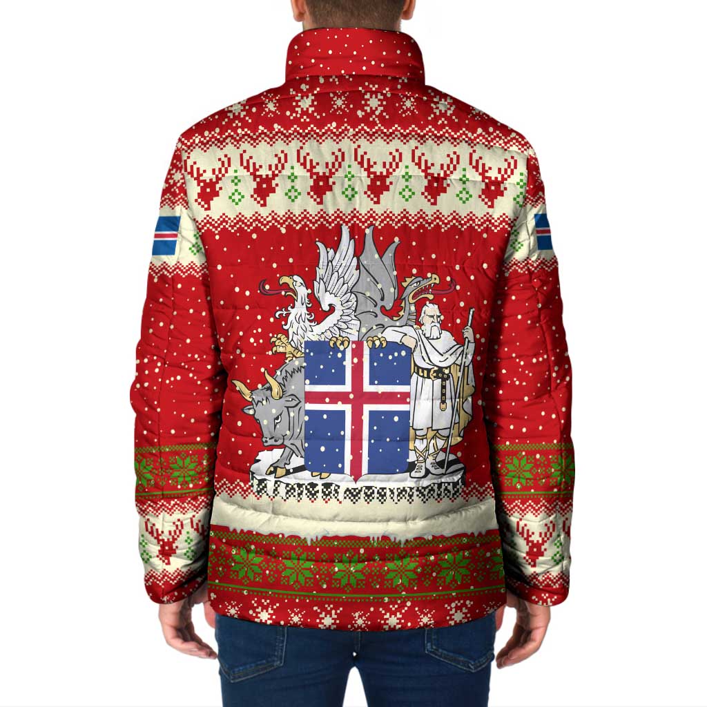 Iceland Christmas Padded Jacket with Red Snowflake Pattern Yule Cat and National Coat of Arms Motif - Wonder Print Shop