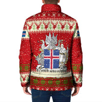 Iceland Christmas Padded Jacket with Red Snowflake Pattern Yule Cat and National Coat of Arms Motif - Wonder Print Shop