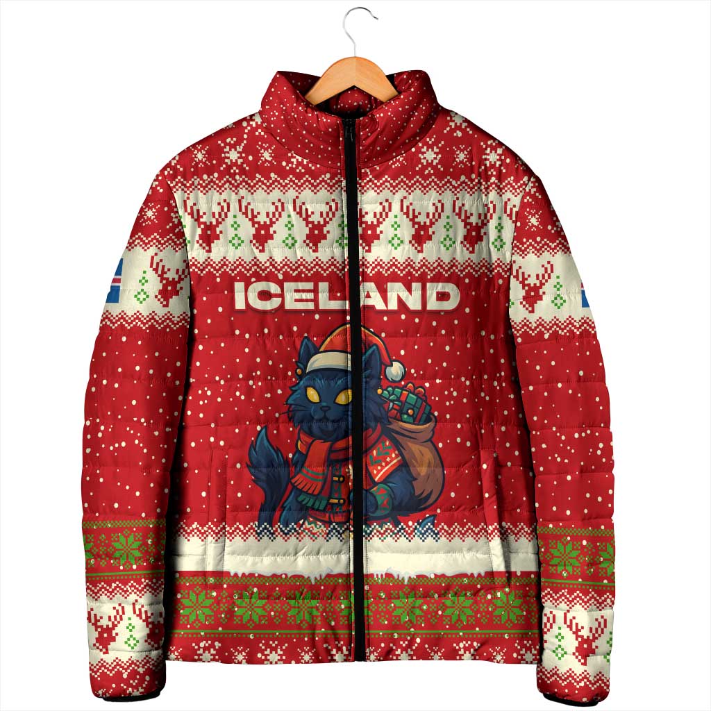 Iceland Christmas Padded Jacket with Red Snowflake Pattern Yule Cat and National Coat of Arms Motif - Wonder Print Shop