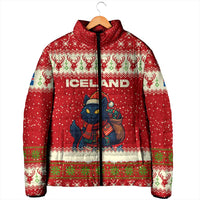 Iceland Christmas Padded Jacket with Red Snowflake Pattern Yule Cat and National Coat of Arms Motif - Wonder Print Shop