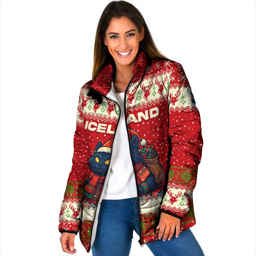 Iceland Christmas Padded Jacket with Red Snowflake Pattern Yule Cat and National Coat of Arms Motif - Wonder Print Shop