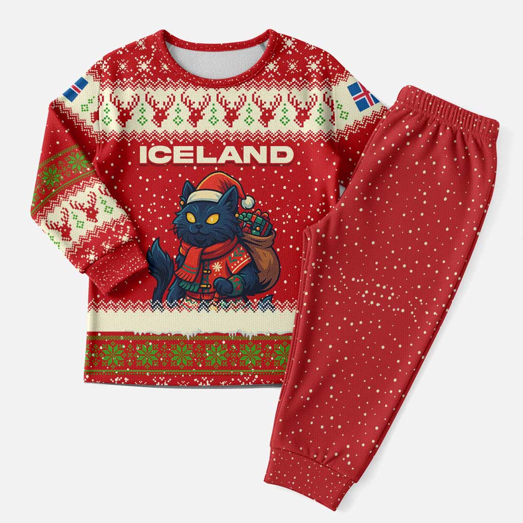 Iceland Christmas Pajama Set with Red Snowflake Pattern Yule Cat and National Coat of Arms Motif - Wonder Print Shop