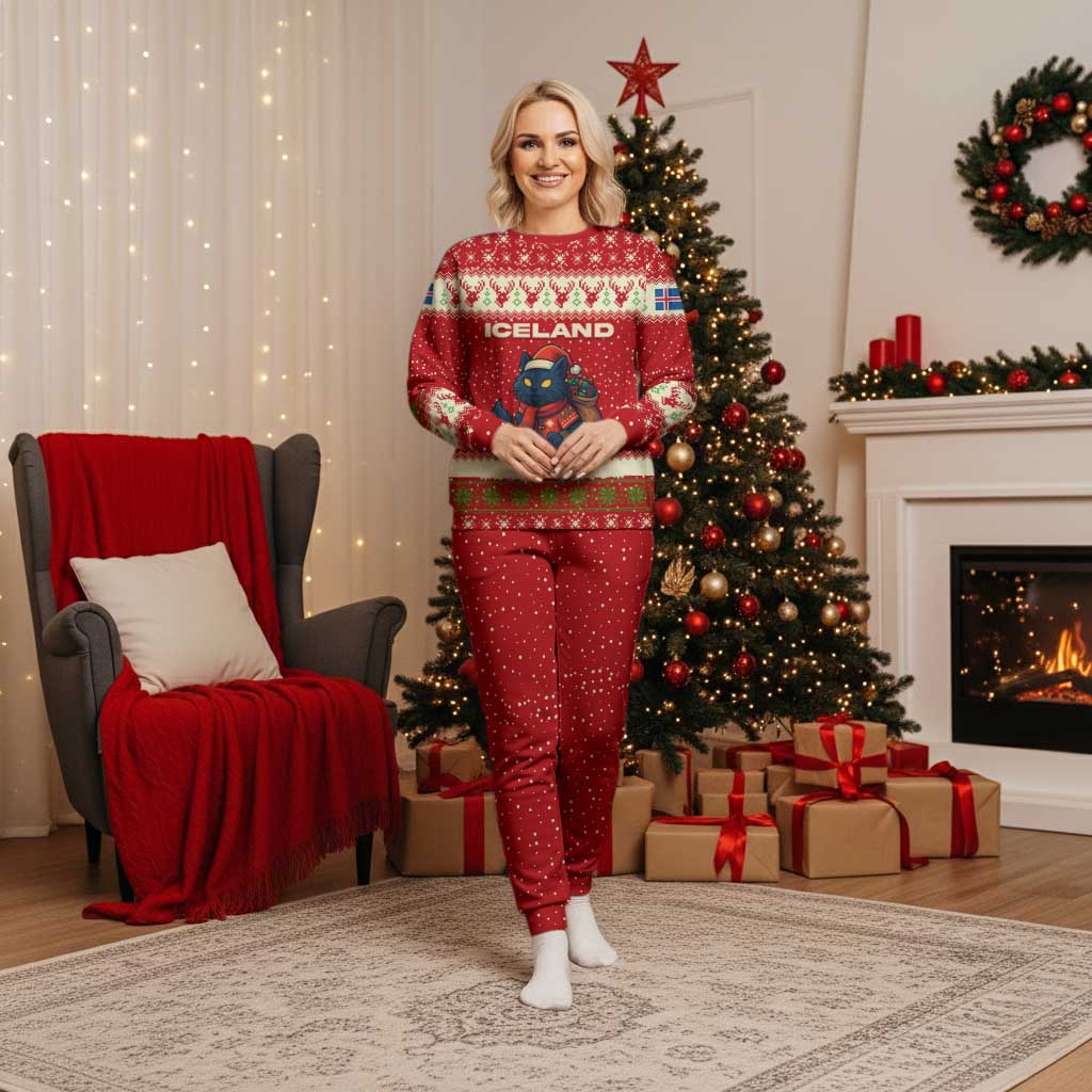 Iceland Christmas Pajama Set with Red Snowflake Pattern Yule Cat and National Coat of Arms Motif - Wonder Print Shop