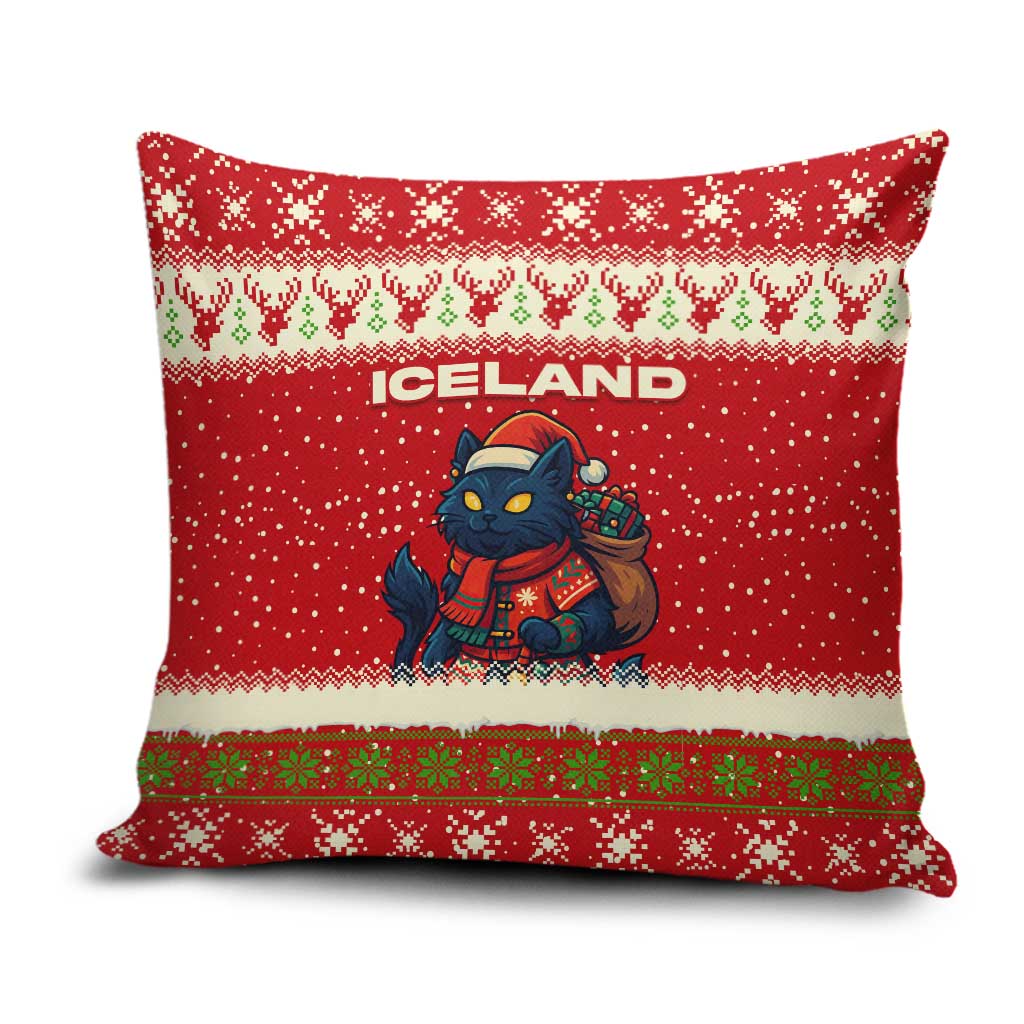 Iceland Christmas Pillow Cover with Red Snowflake Pattern Yule Cat and National Coat of Arms Motif - Wonder Print Shop