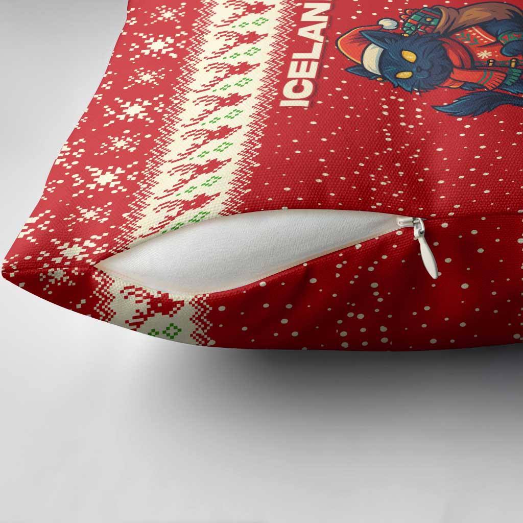 Iceland Christmas Pillow Cover with Red Snowflake Pattern Yule Cat and National Coat of Arms Motif - Wonder Print Shop