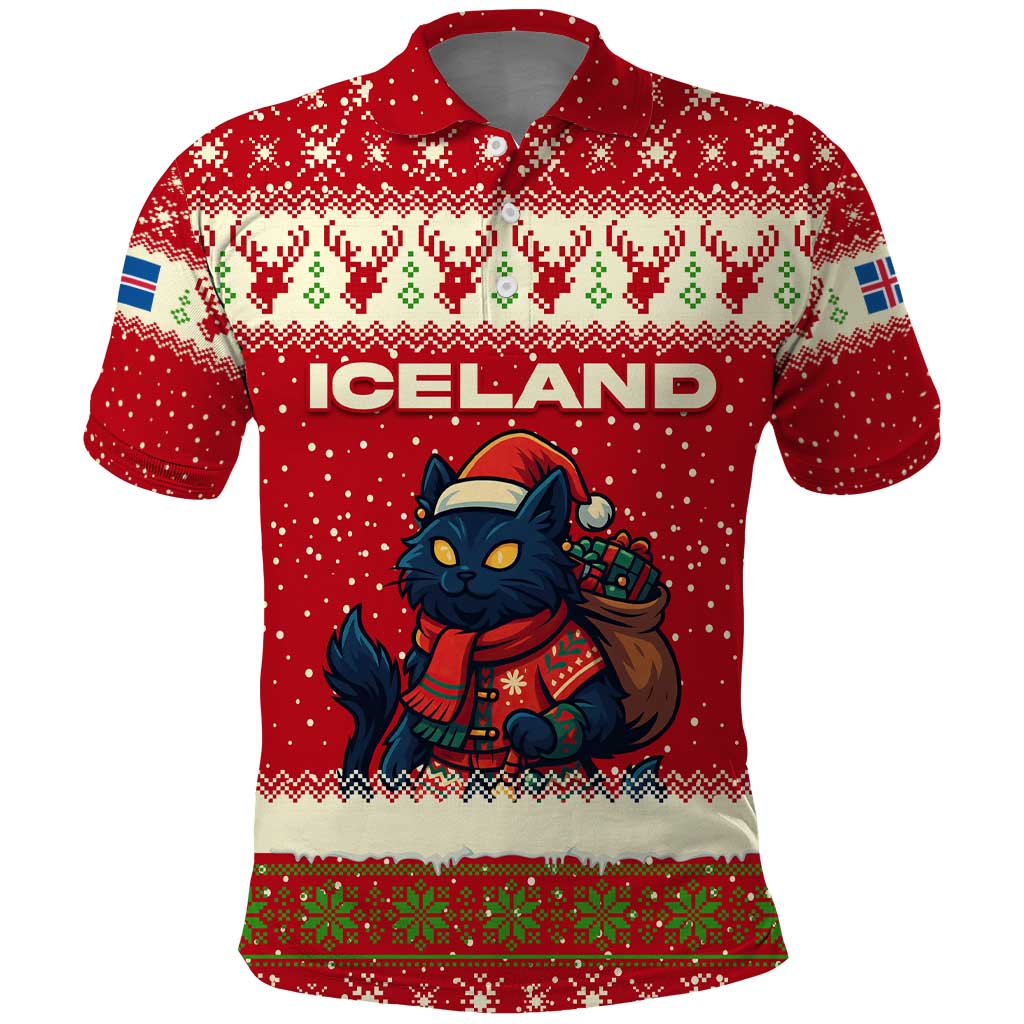Iceland Christmas Polo Shirt with Red Snowflake Pattern Yule Cat and National Coat of Arms Motif - Wonder Print Shop