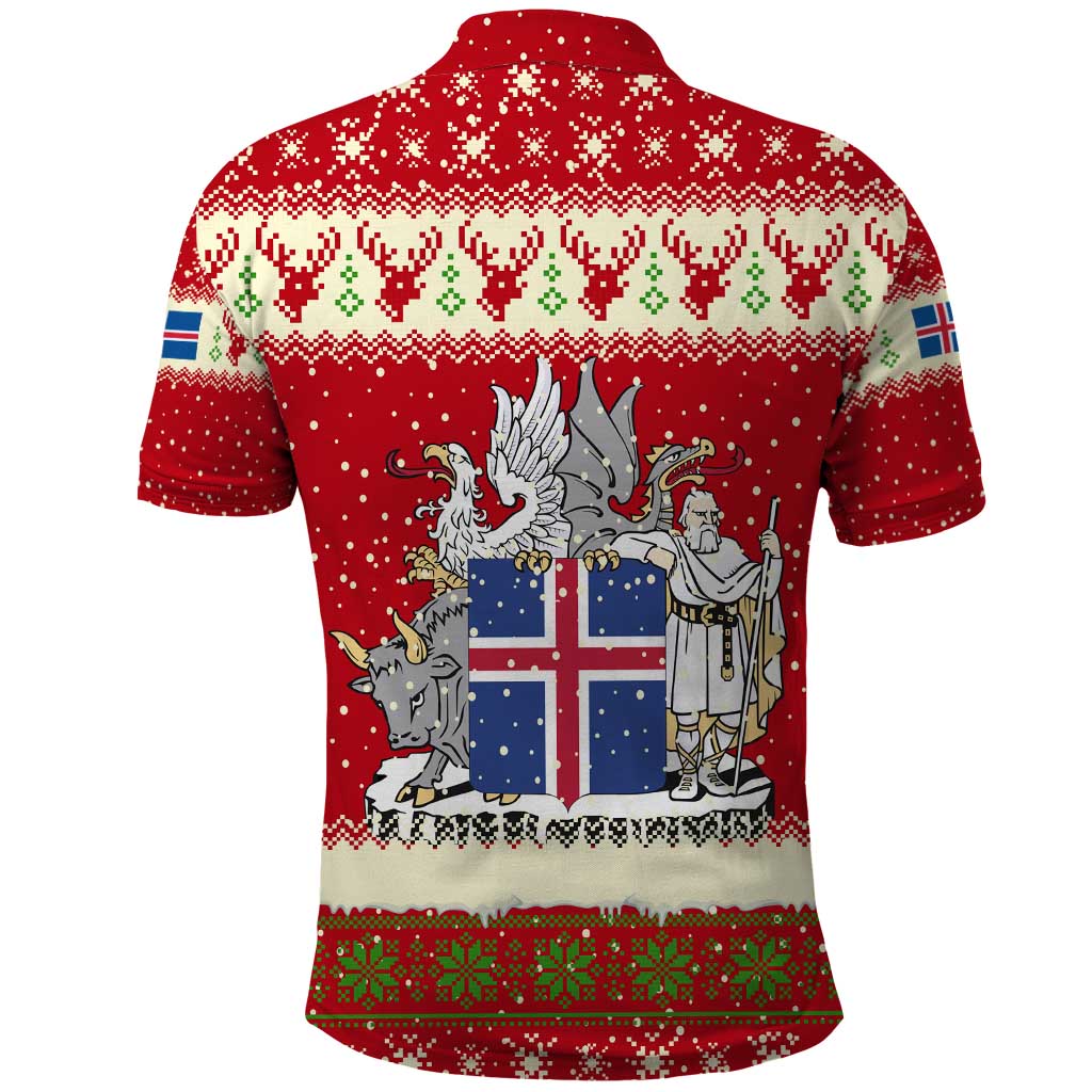 Iceland Christmas Polo Shirt with Red Snowflake Pattern Yule Cat and National Coat of Arms Motif - Wonder Print Shop