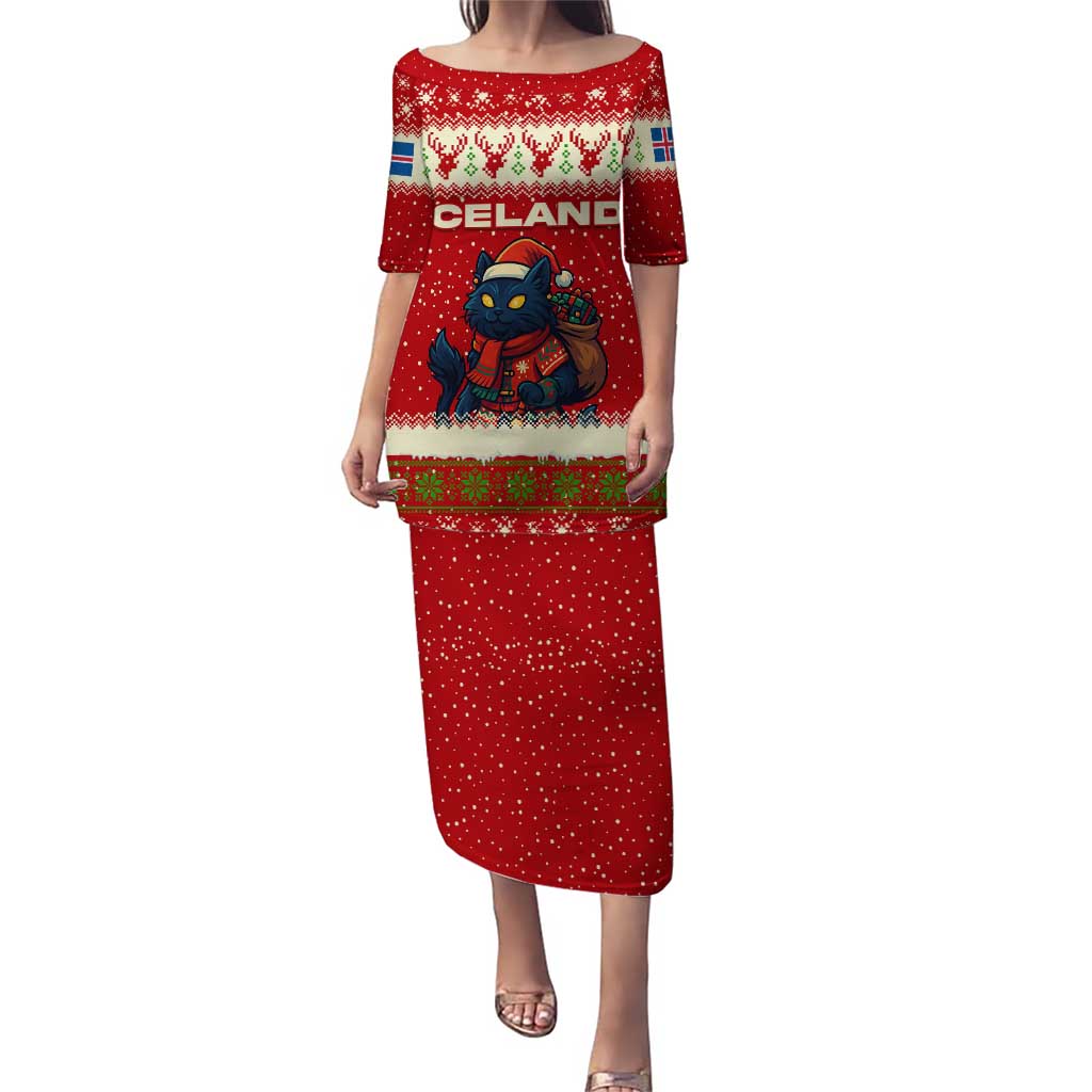 Iceland Christmas Puletasi with Red Snowflake Pattern Yule Cat and National Coat of Arms Motif - Wonder Print Shop