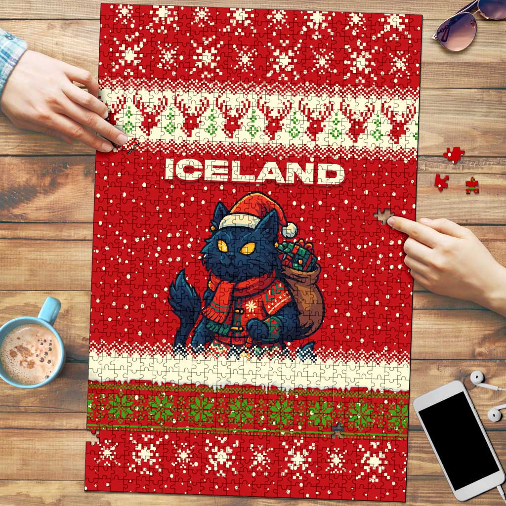 Iceland Christmas Puzzle with Red Snowflake Pattern Yule Cat and National Coat of Arms Motif - Wonder Print Shop