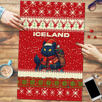 Iceland Christmas Puzzle with Red Snowflake Pattern Yule Cat and National Coat of Arms Motif - Wonder Print Shop
