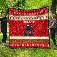 Iceland Christmas Quilt with Red Snowflake Pattern Yule Cat and National Coat of Arms Motif - Wonder Print Shop