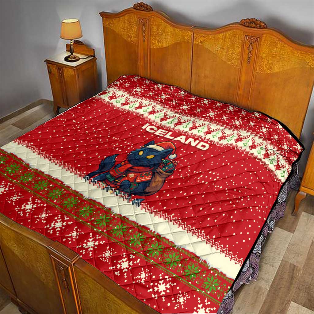 Iceland Christmas Quilt with Red Snowflake Pattern Yule Cat and National Coat of Arms Motif - Wonder Print Shop