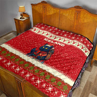 Iceland Christmas Quilt with Red Snowflake Pattern Yule Cat and National Coat of Arms Motif - Wonder Print Shop