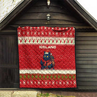 Iceland Christmas Quilt with Red Snowflake Pattern Yule Cat and National Coat of Arms Motif - Wonder Print Shop