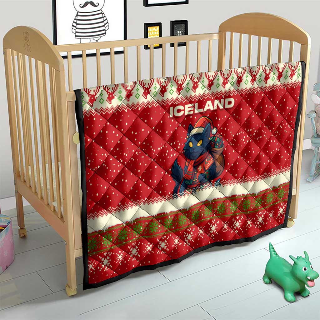 Iceland Christmas Quilt with Red Snowflake Pattern Yule Cat and National Coat of Arms Motif - Wonder Print Shop