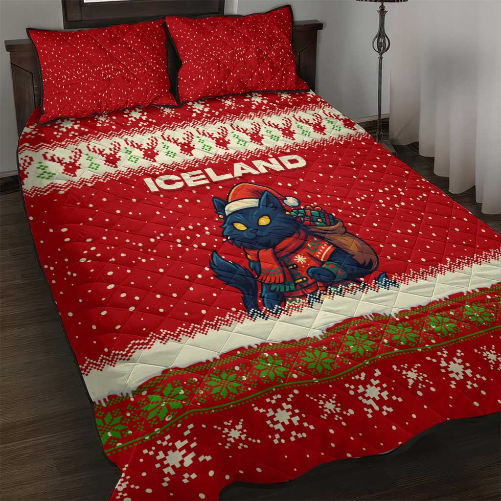 Iceland Christmas Quilt Bed Set with Red Snowflake Pattern Yule Cat and National Coat of Arms Motif - Wonder Print Shop
