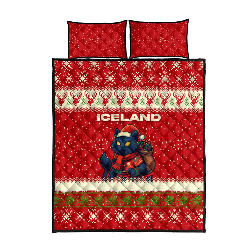 Iceland Christmas Quilt Bed Set with Red Snowflake Pattern Yule Cat and National Coat of Arms Motif - Wonder Print Shop