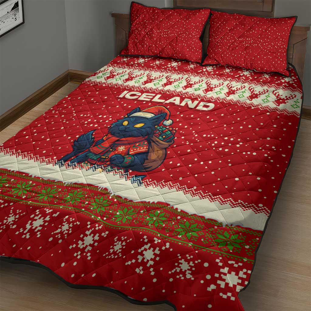 Iceland Christmas Quilt Bed Set with Red Snowflake Pattern Yule Cat and National Coat of Arms Motif - Wonder Print Shop