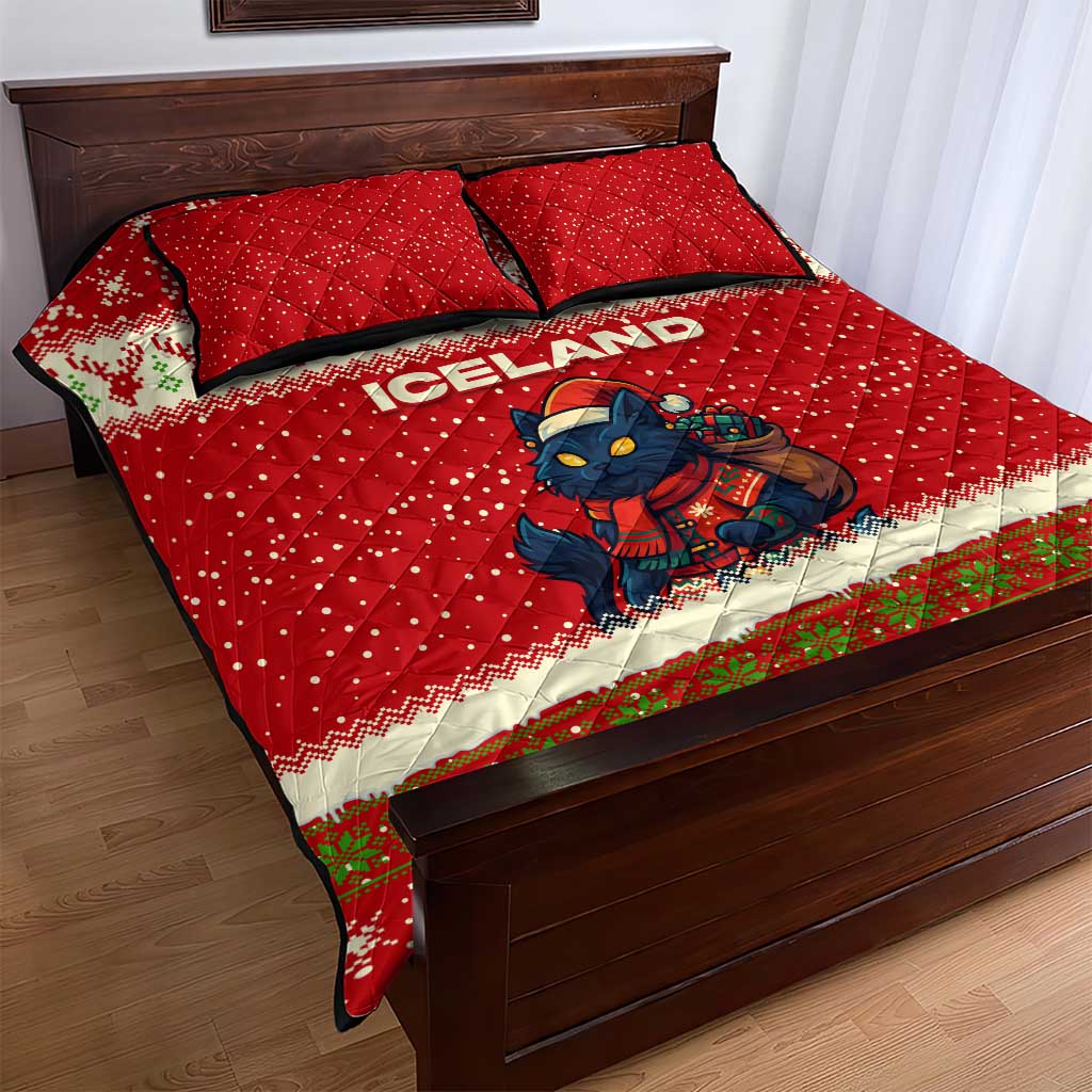 Iceland Christmas Quilt Bed Set with Red Snowflake Pattern Yule Cat and National Coat of Arms Motif - Wonder Print Shop