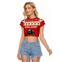 Iceland Christmas Raglan Cropped T Shirt with Red Snowflake Pattern Yule Cat and National Coat of Arms Motif - Wonder Print Shop