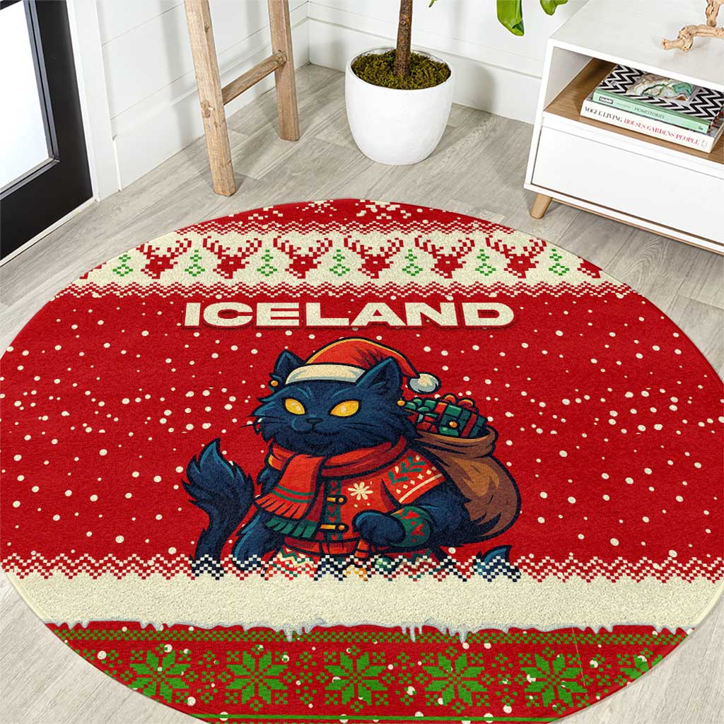 Iceland Christmas Round Carpet with Red Snowflake Pattern Yule Cat and National Coat of Arms Motif - Wonder Print Shop