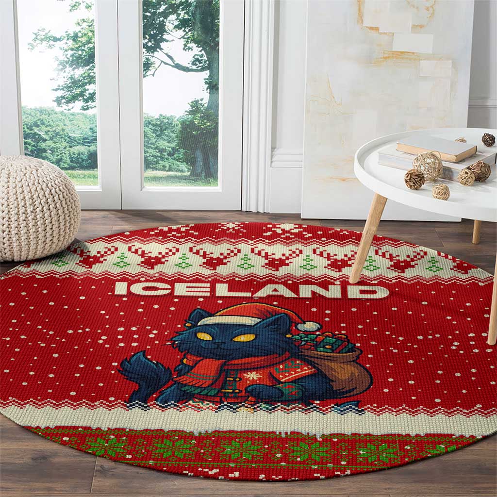 Iceland Christmas Round Carpet with Red Snowflake Pattern Yule Cat and National Coat of Arms Motif - Wonder Print Shop
