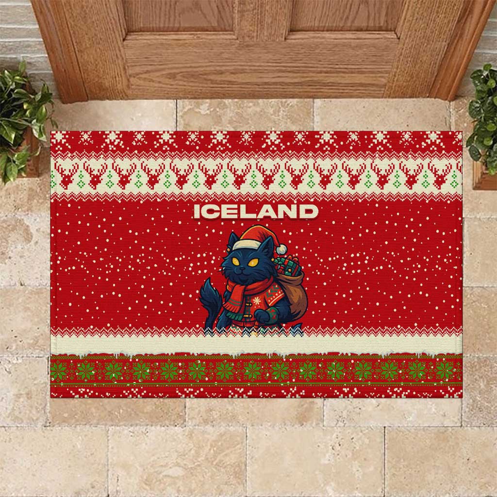 Iceland Christmas Rubber Doormat with Red Snowflake Pattern Yule Cat and National Coat of Arms Motif - Wonder Print Shop