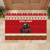 Iceland Christmas Rubber Doormat with Red Snowflake Pattern Yule Cat and National Coat of Arms Motif - Wonder Print Shop