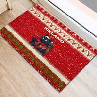 Iceland Christmas Rubber Doormat with Red Snowflake Pattern Yule Cat and National Coat of Arms Motif - Wonder Print Shop