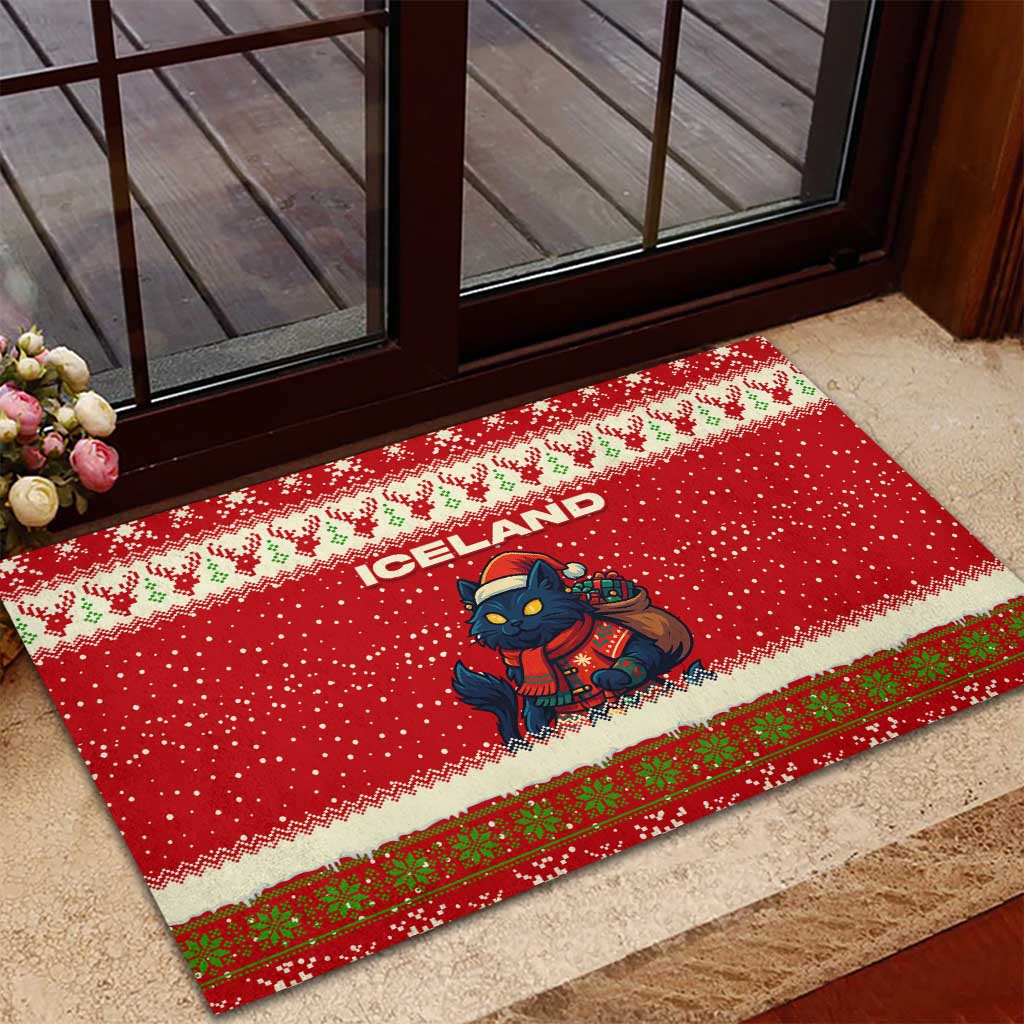 Iceland Christmas Rubber Doormat with Red Snowflake Pattern Yule Cat and National Coat of Arms Motif - Wonder Print Shop