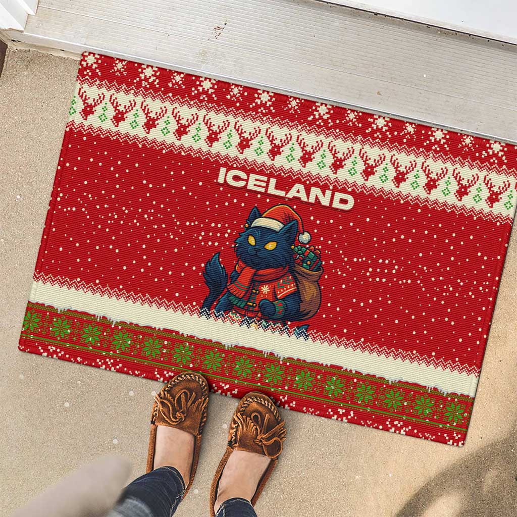 Iceland Christmas Rubber Doormat with Red Snowflake Pattern Yule Cat and National Coat of Arms Motif - Wonder Print Shop