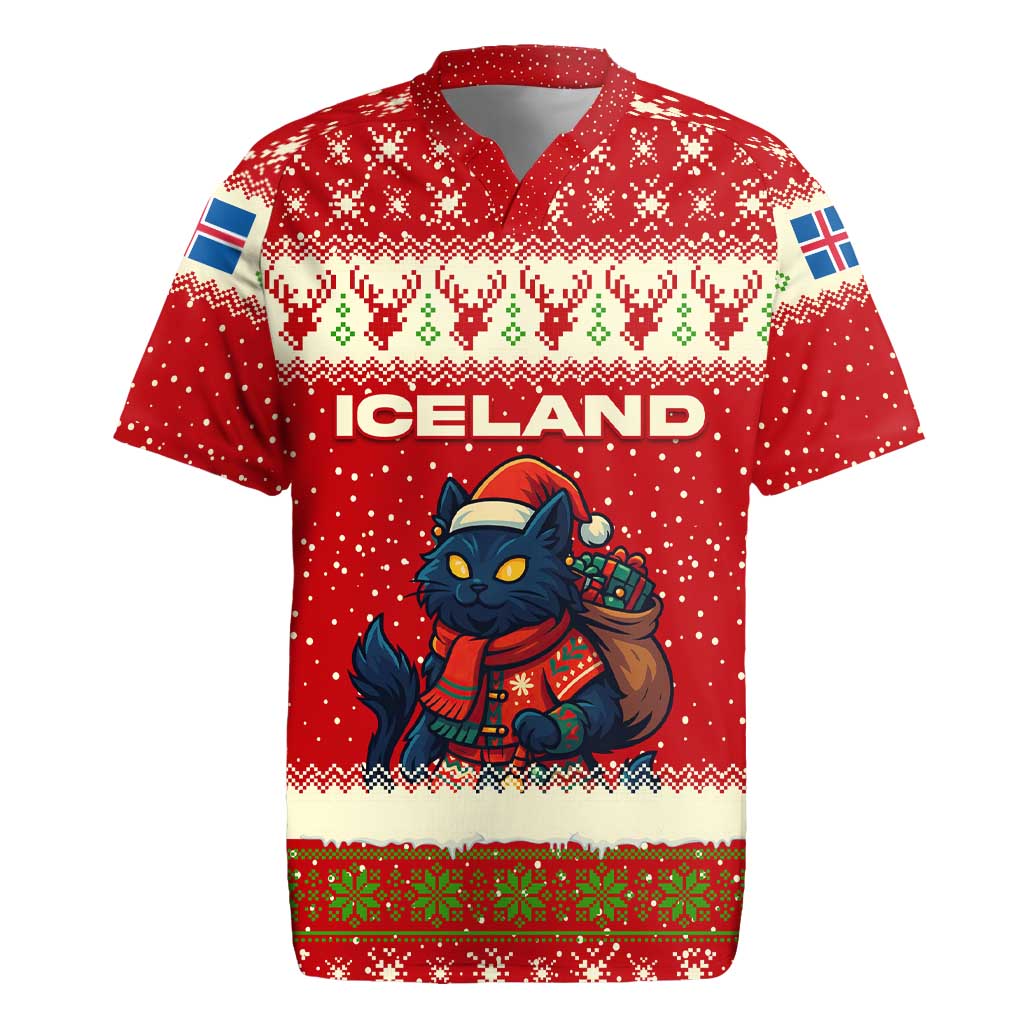 Iceland Christmas Rugby Jersey with Red Snowflake Pattern Yule Cat and National Coat of Arms Motif - Wonder Print Shop