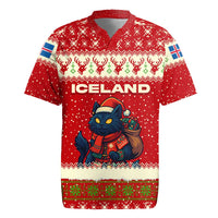 Iceland Christmas Rugby Jersey with Red Snowflake Pattern Yule Cat and National Coat of Arms Motif - Wonder Print Shop