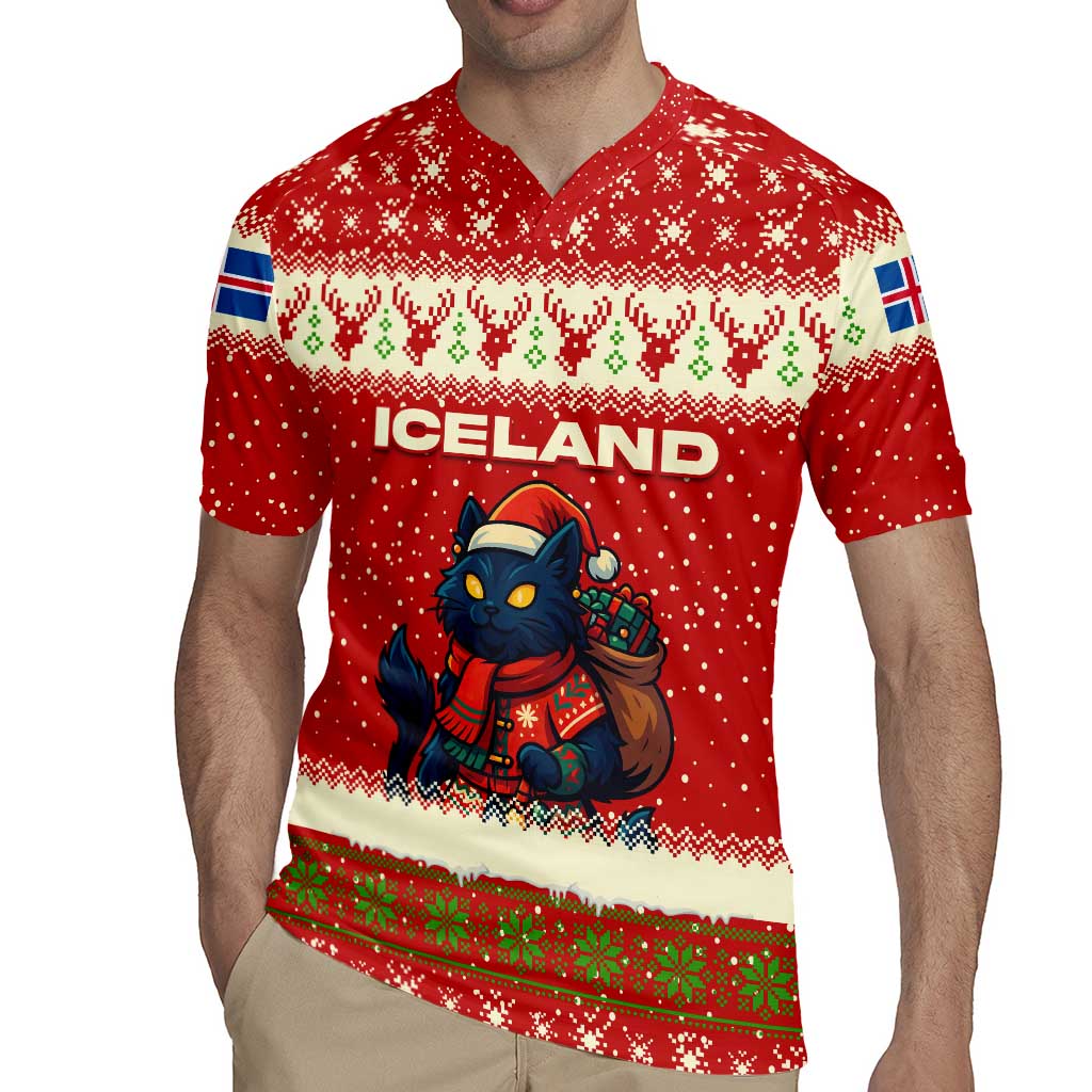 Iceland Christmas Rugby Jersey with Red Snowflake Pattern Yule Cat and National Coat of Arms Motif - Wonder Print Shop