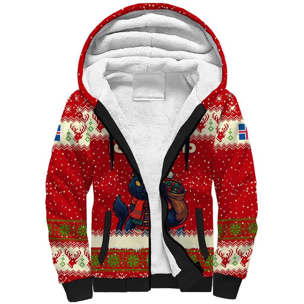 Iceland Christmas Sherpa Hoodie with Red Snowflake Pattern Yule Cat and National Coat of Arms Motif - Wonder Print Shop