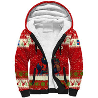 Iceland Christmas Sherpa Hoodie with Red Snowflake Pattern Yule Cat and National Coat of Arms Motif - Wonder Print Shop