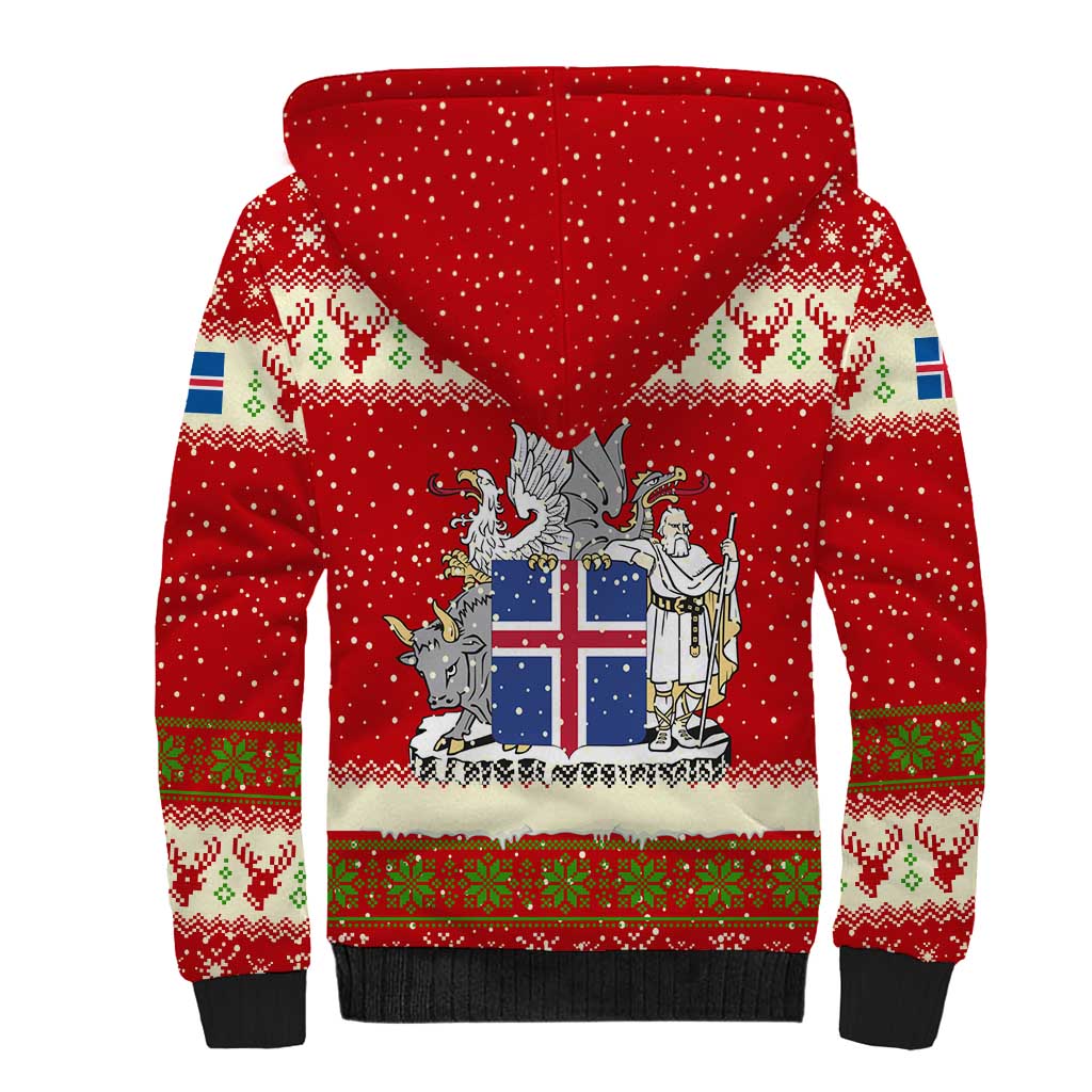 Iceland Christmas Sherpa Hoodie with Red Snowflake Pattern Yule Cat and National Coat of Arms Motif - Wonder Print Shop